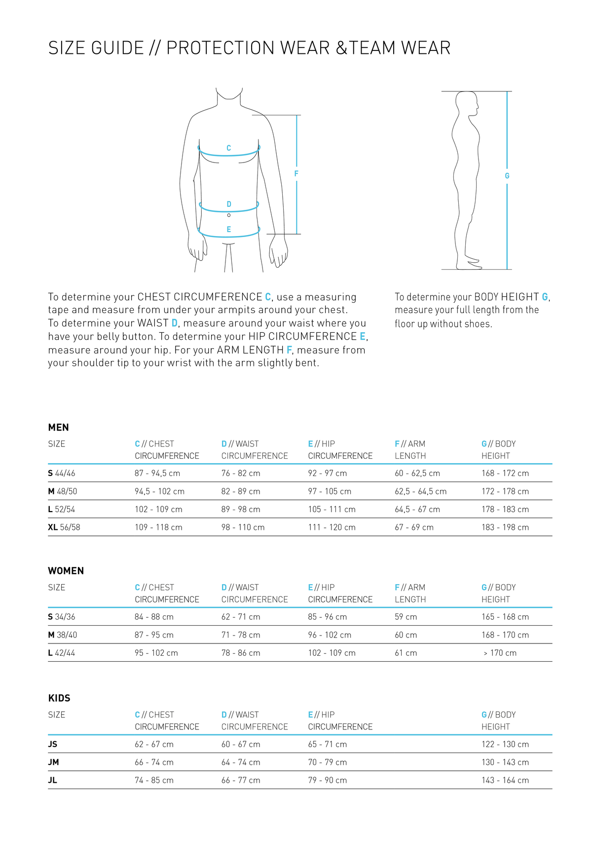 SIZE GUIDE PROTECTION WEAR + TEAMWEAR