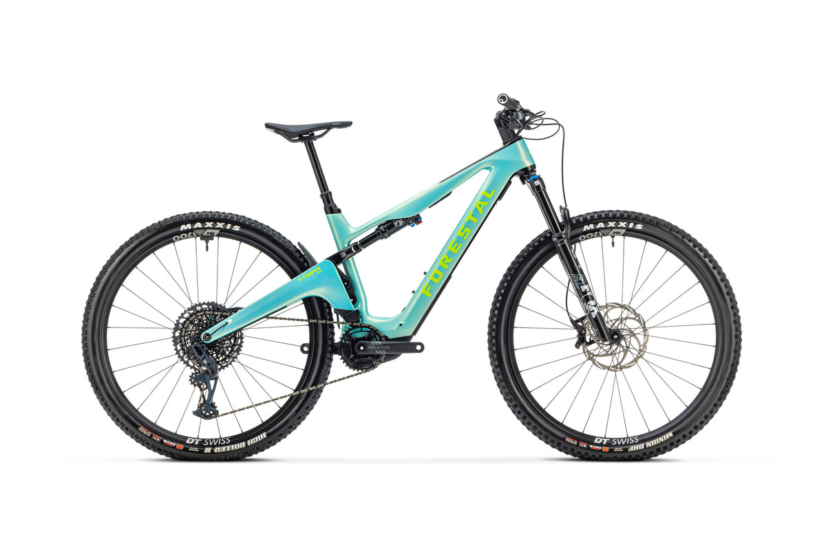 Turquoise forestal e-cygnus electric mountain bike on a white background