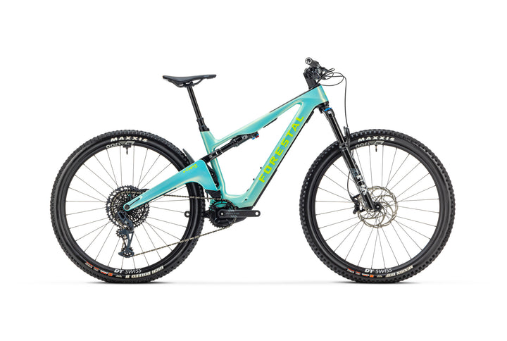 Turquoise forestal e-cygnus electric mountain bike on a white background