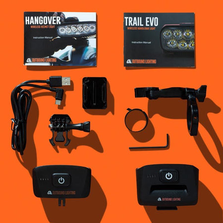 What comes in the Evo Downhill Package: Trail Evo and Hangover lights, manuals, mounts, shim, hex wrench and USB-C cable