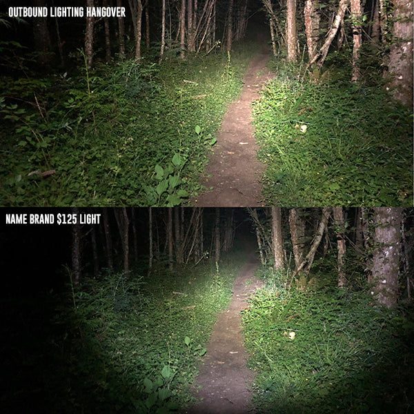 Beam pattern comparison on the same forest trail: Hangover helmet light on top, another brand's light below