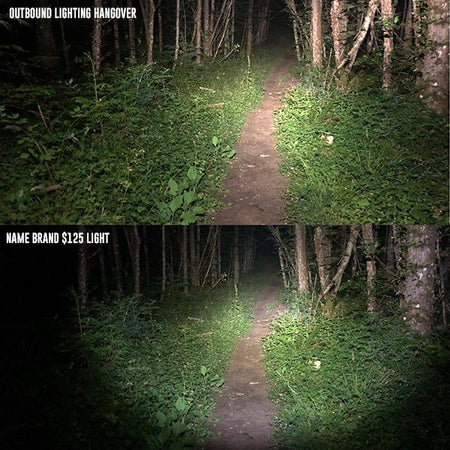 Beam pattern comparison on the same forest trail: Hangover helmet light on top, another brand's light below
