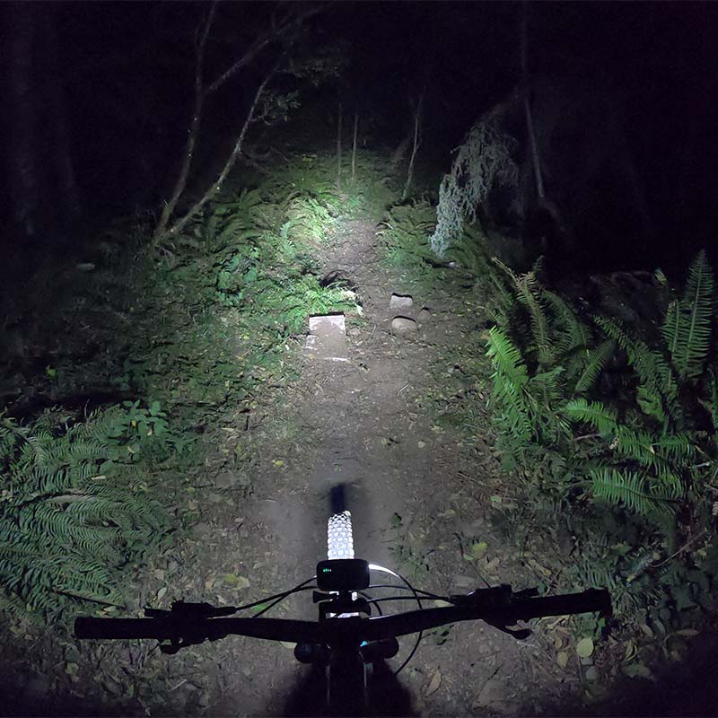 Beam of the Hangover bike helmet light on a forest trail at night, rider's view over the handlebar
