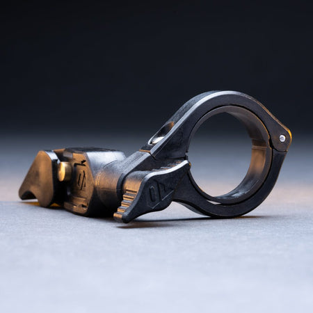 Quick release handlebar mount clamp for bike lights, three-quarter view