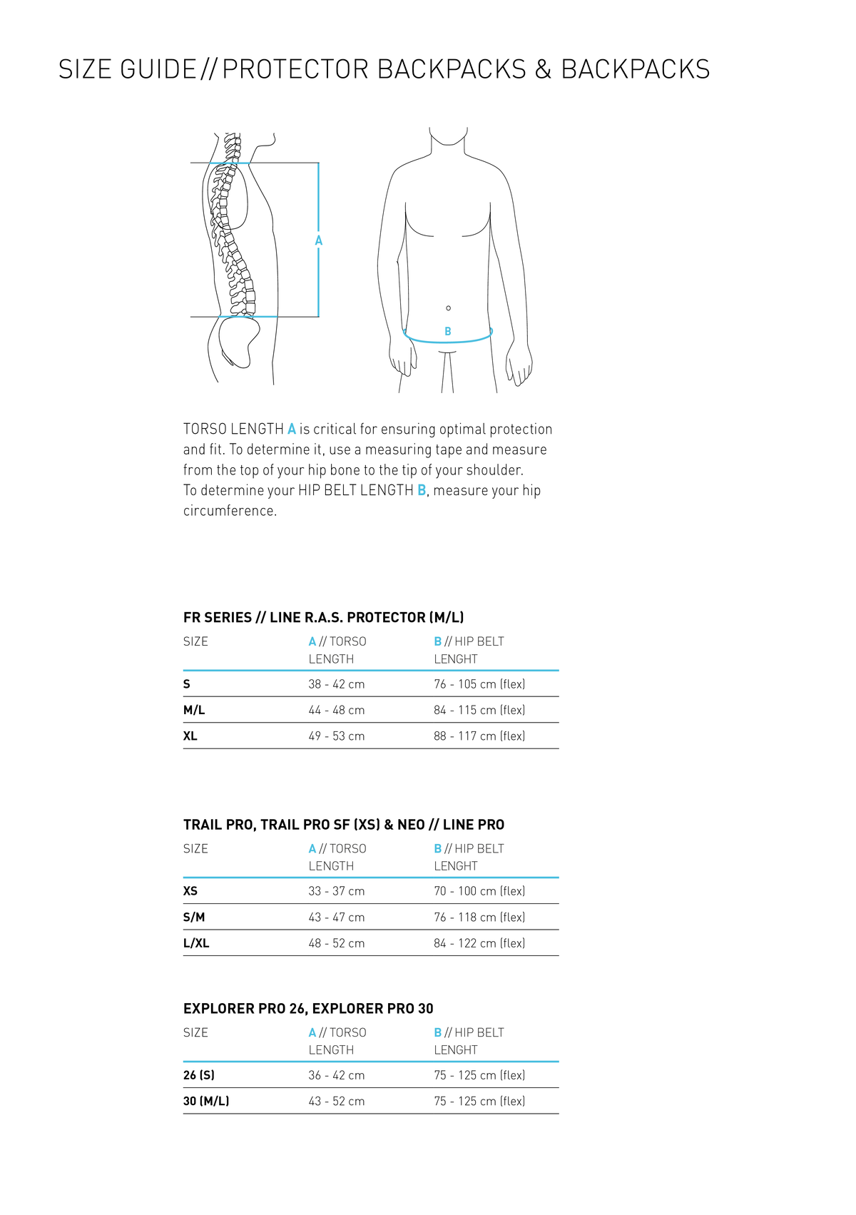 SIZE GUIDE PROTECTOR BACKPACKS + BACKPACKS